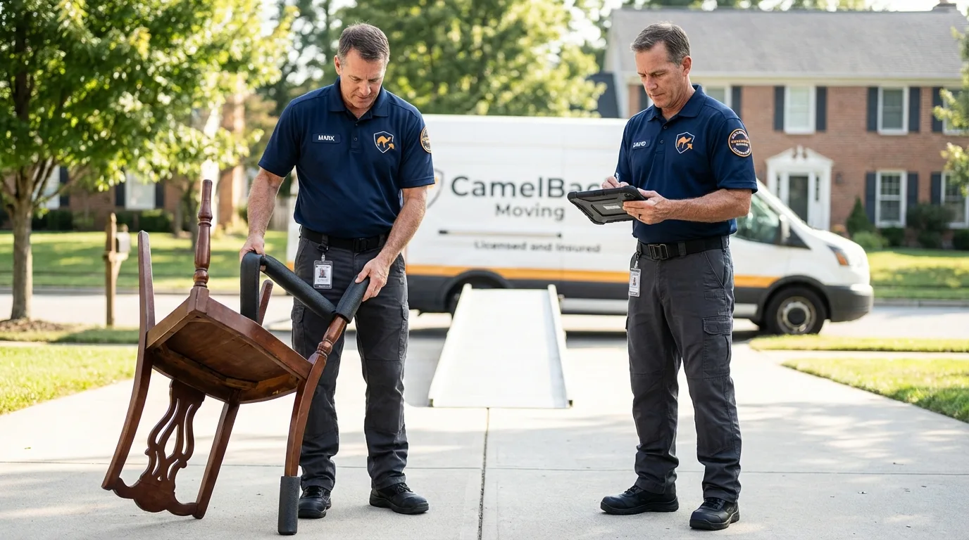 Movers inspecting furniture for damage prevention before loading in Wallington, NJ